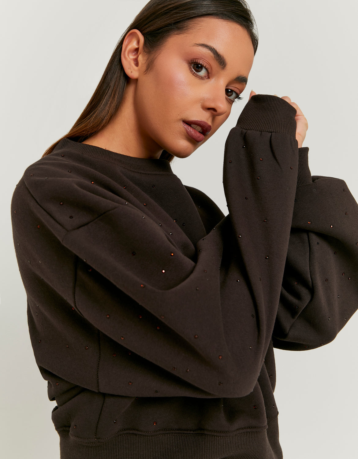 Ladies Brown Sweatshirt With Rhinestones-Model Side View