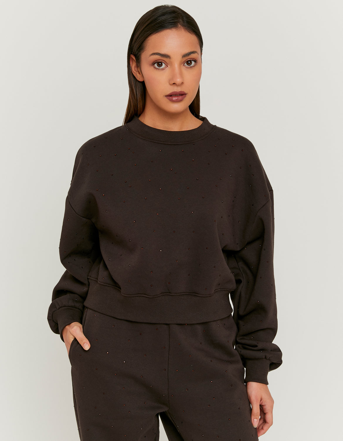 Ladies Brown Sweatshirt With Rhinestones-Model Front View