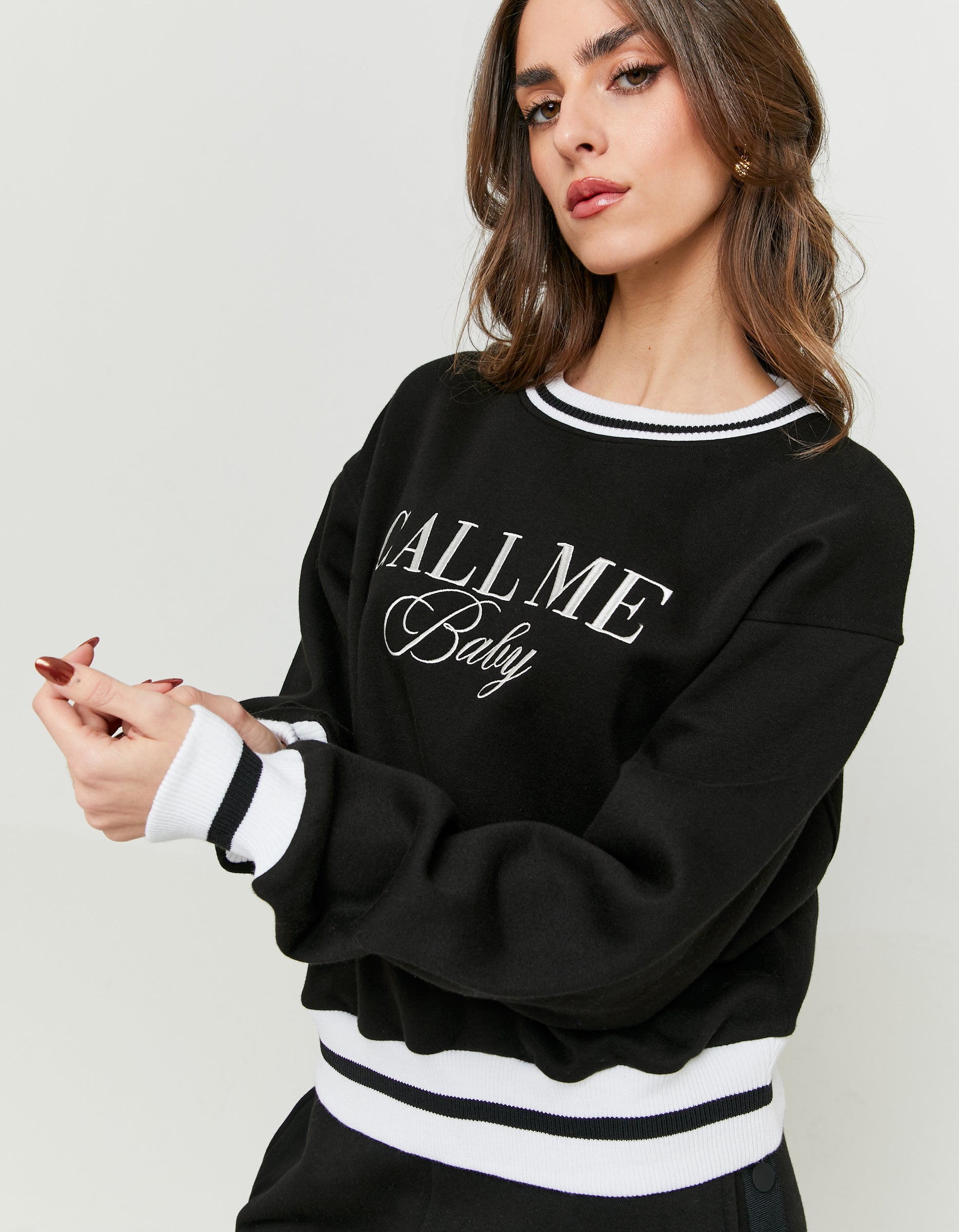 Ladies Black Printed Sweatshirt With White Stripes-Front/Side View