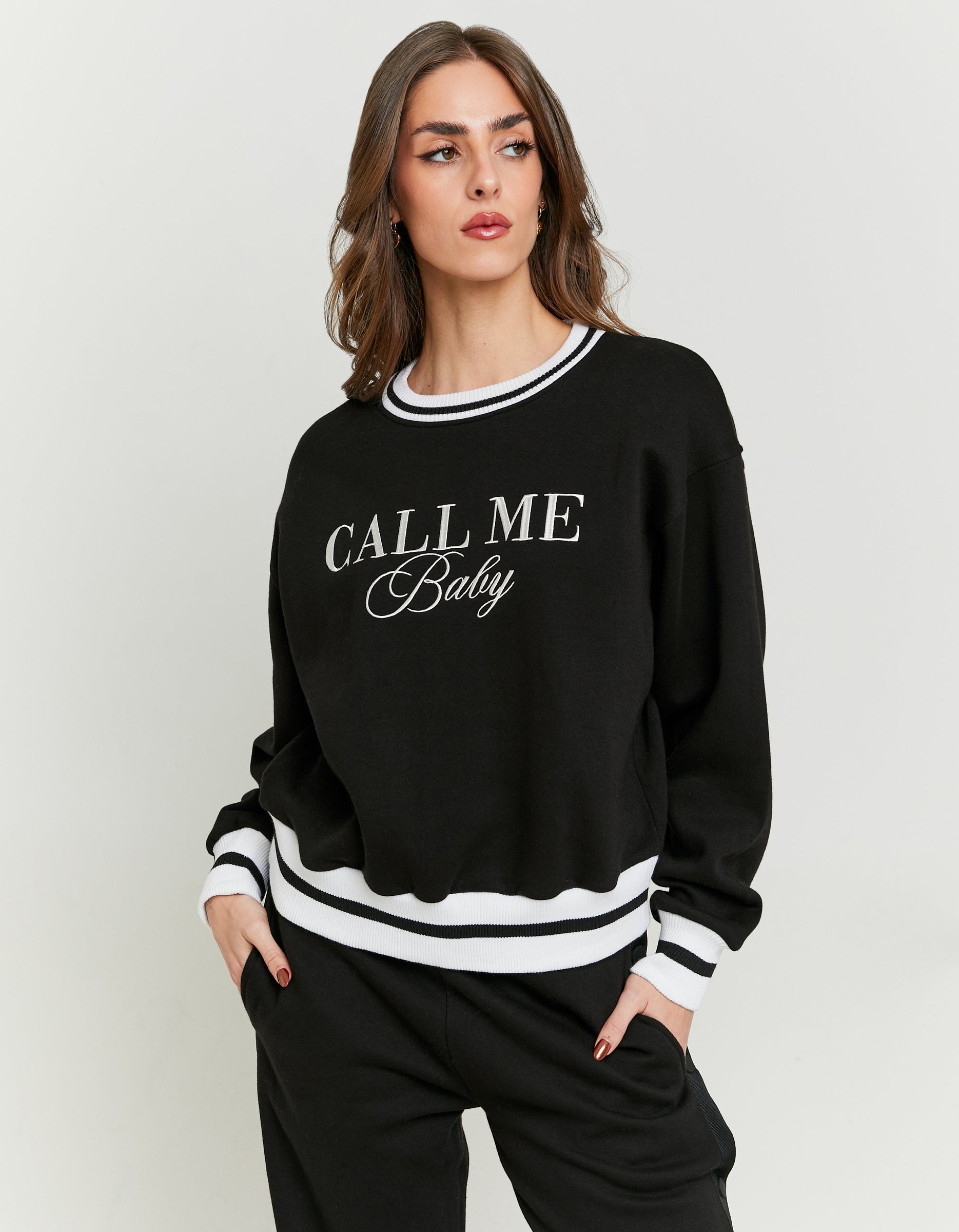 Ladies Black Printed Sweatshirt With White Stripes-Model Front View