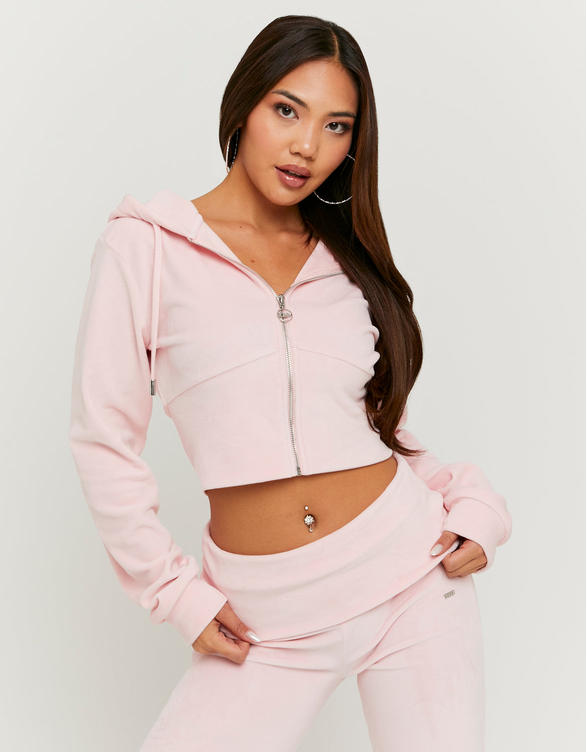 Ladies Pink Velvet Zip Up Hoodie-Model Front View