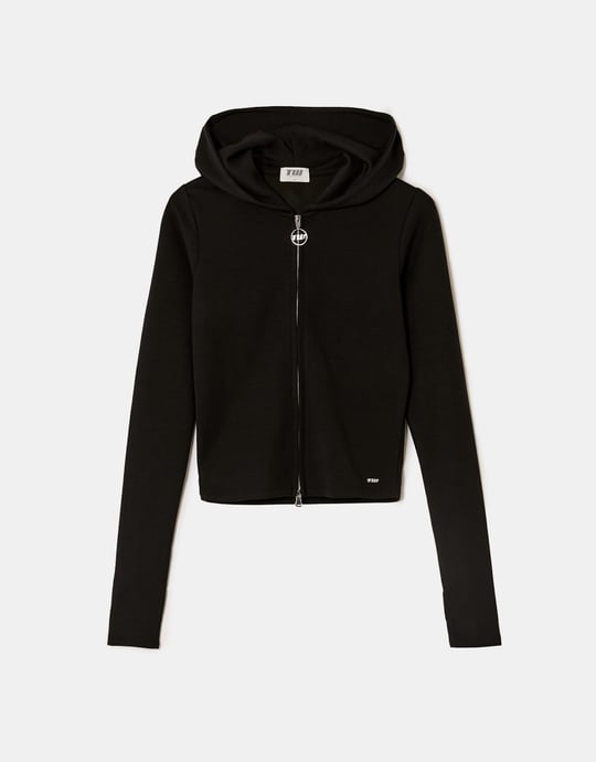 Ladies Zip Up Black Hoodie-Ghost Front View