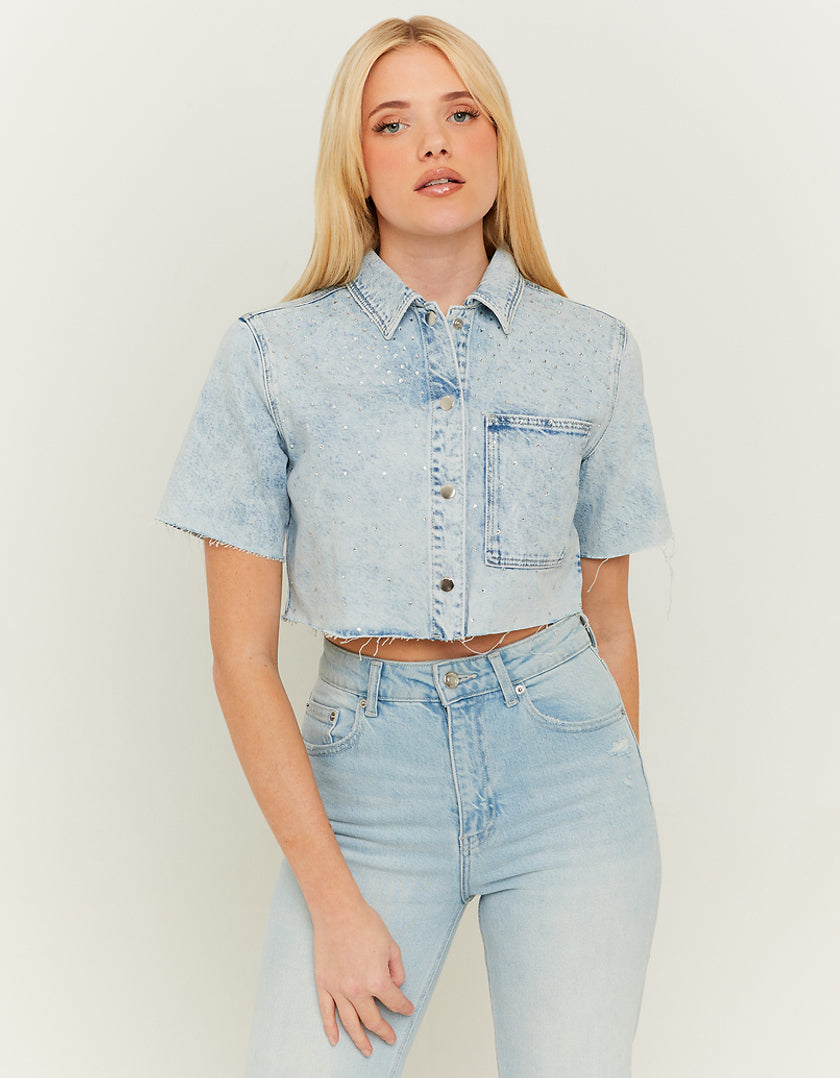 Ladies Cropped Denim Shirt With Strass-Model Front View