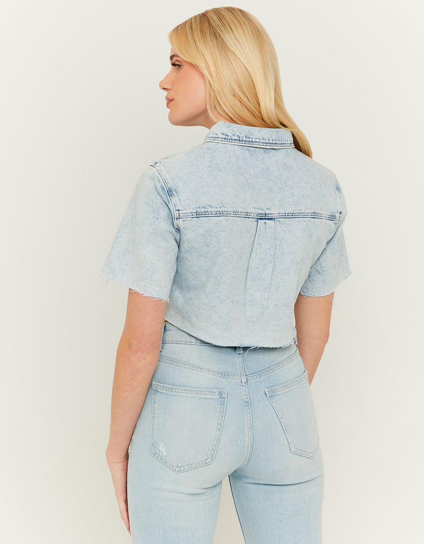 Ladies Cropped Denim Shirt With Strass-Model Back View