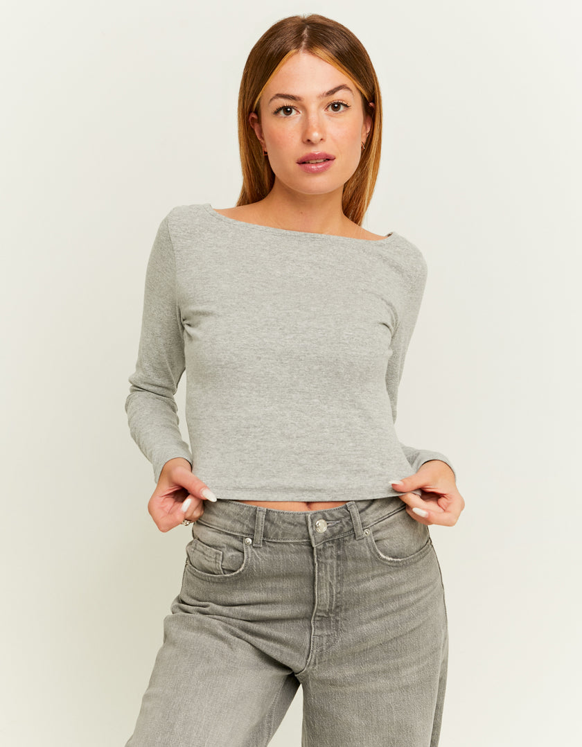 Ladies Grey Round Neck Long Sleeve T-Shirt-Model Front View