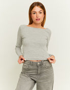 Tally Weijl Grey Round Neck Long Sleeve T-Shirt Grey flat front view