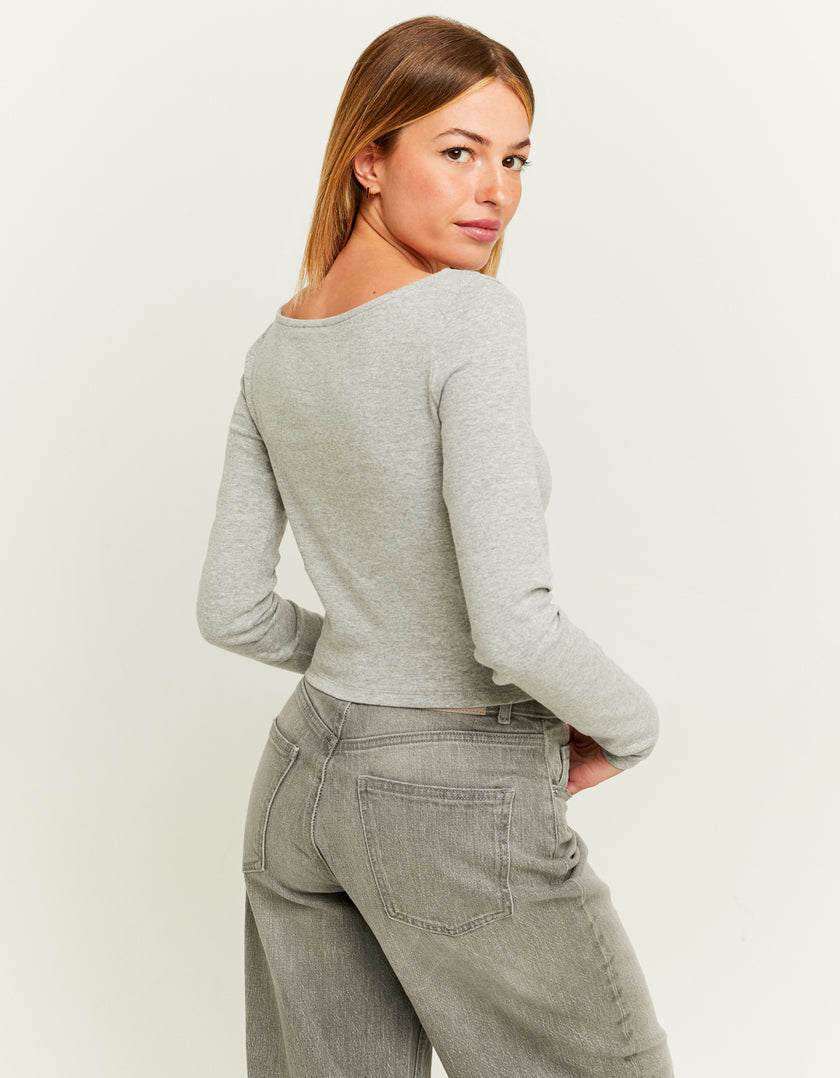 Ladies Grey Round Neck Long Sleeve T-Shirt-Model Back View