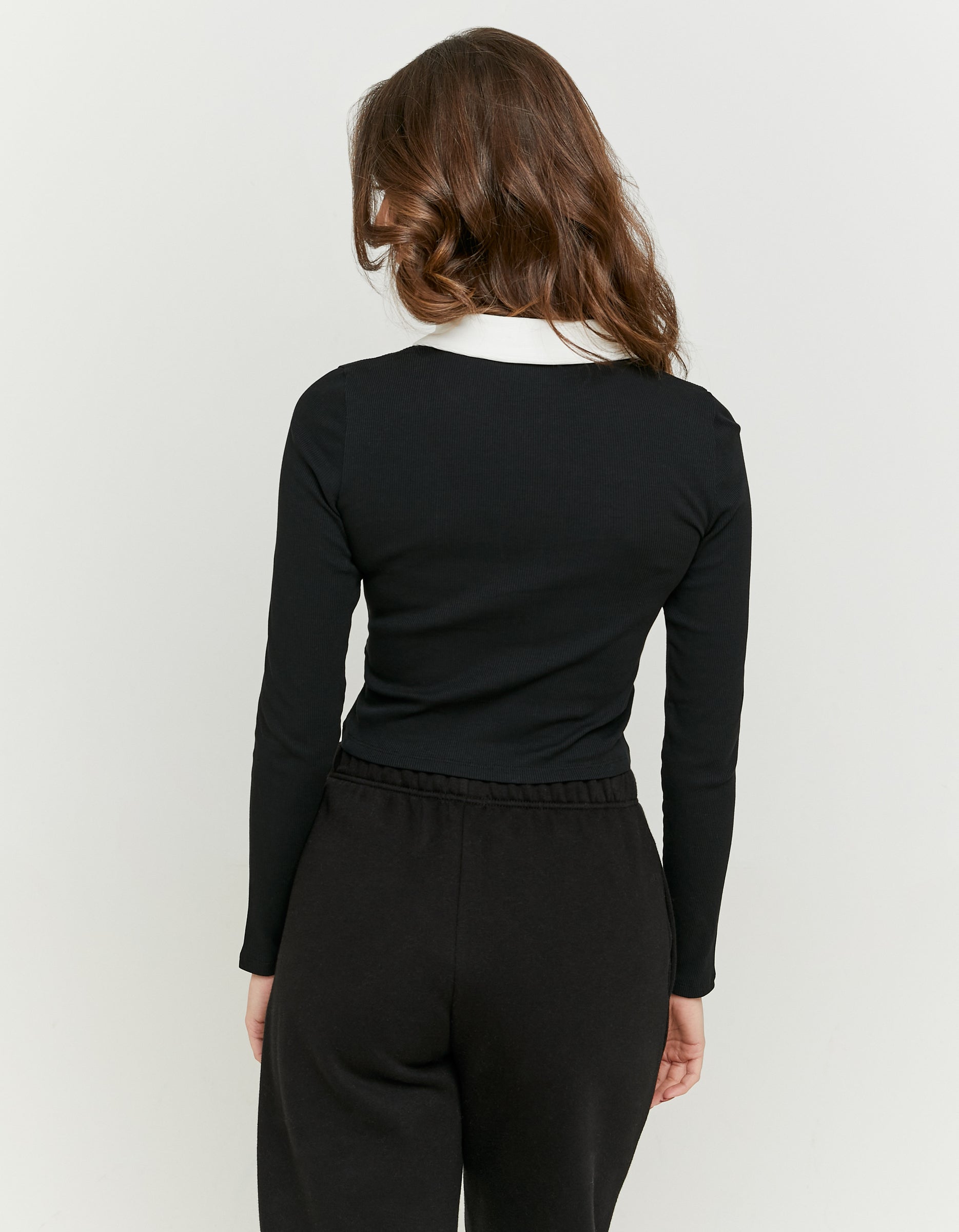 Ladies Black Zip Up T-Shirt With Polo Neck-Model Back View