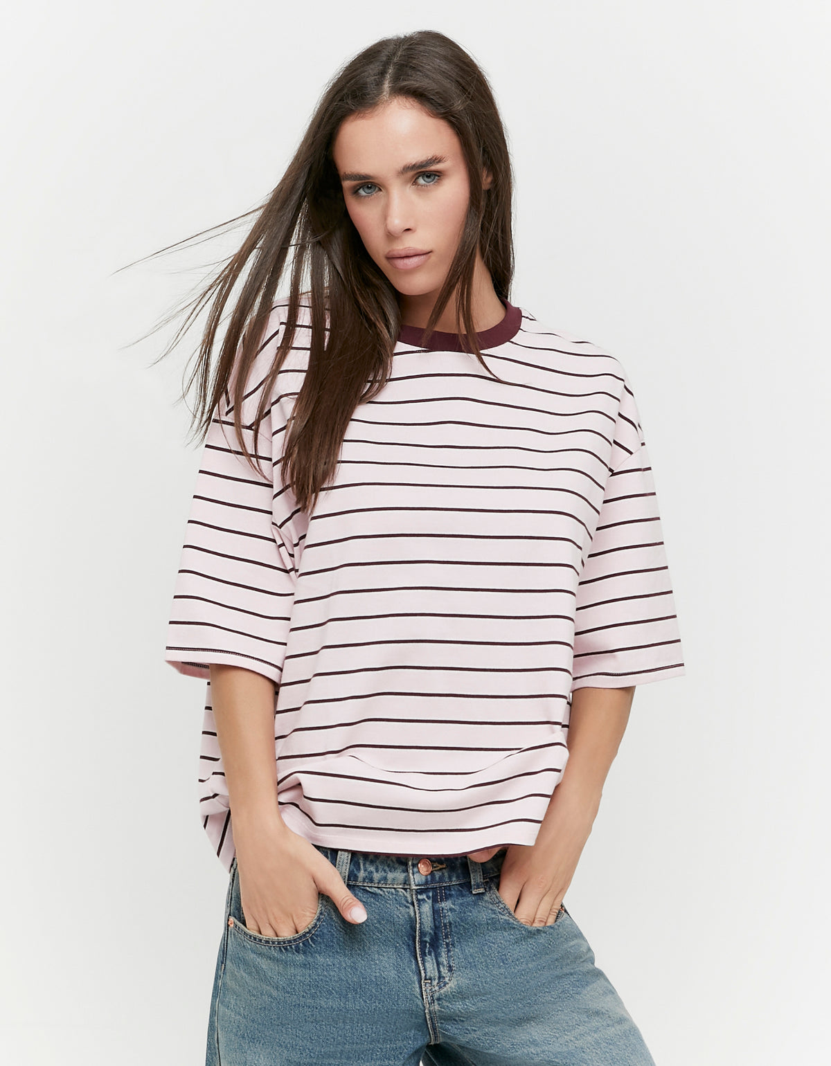 Ladies Pink/Burgundy Oversized Stripe T-Shirt-Model Front View