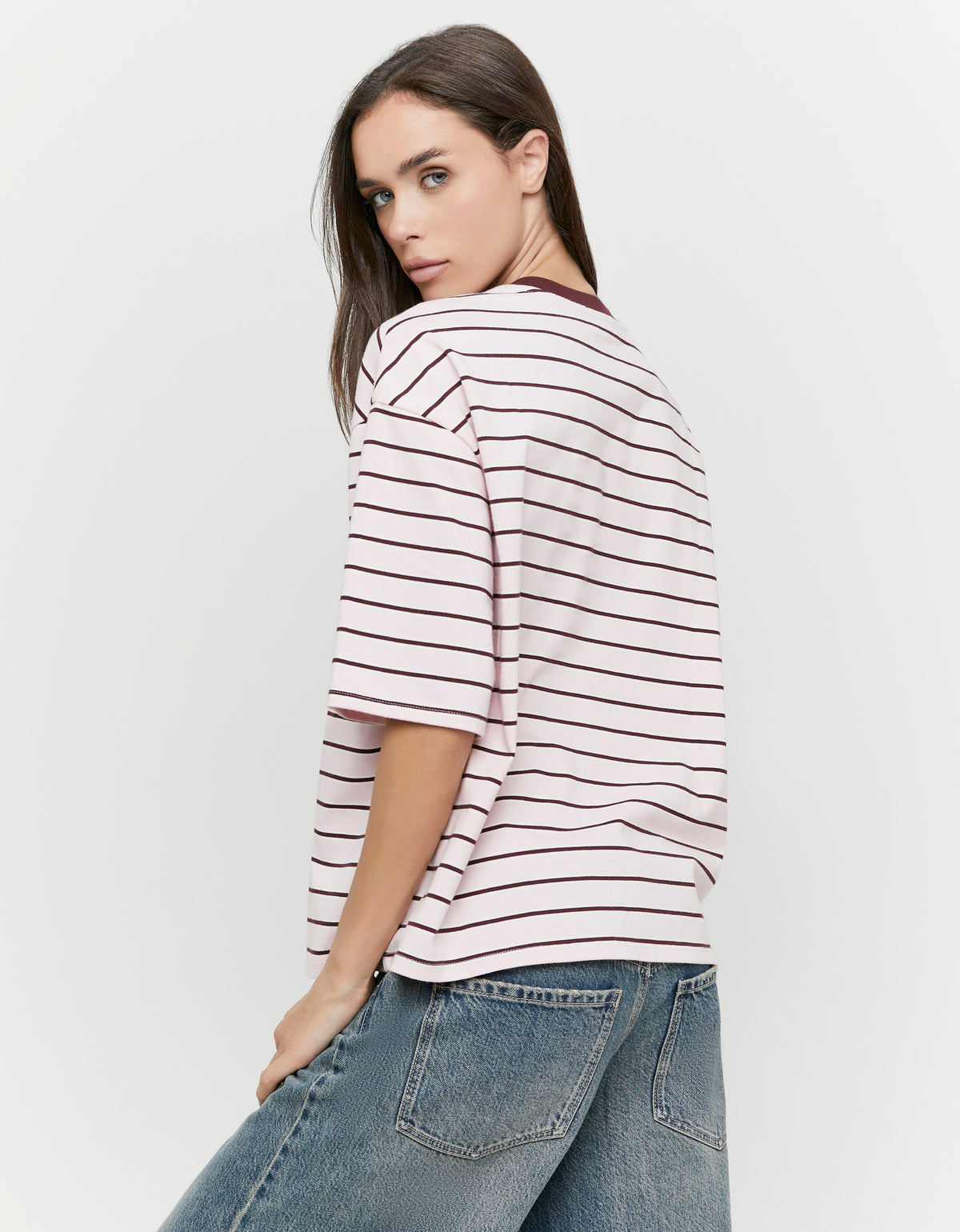 Ladies Pink/Burgundy Oversized Stripe T-Shirt-Back View