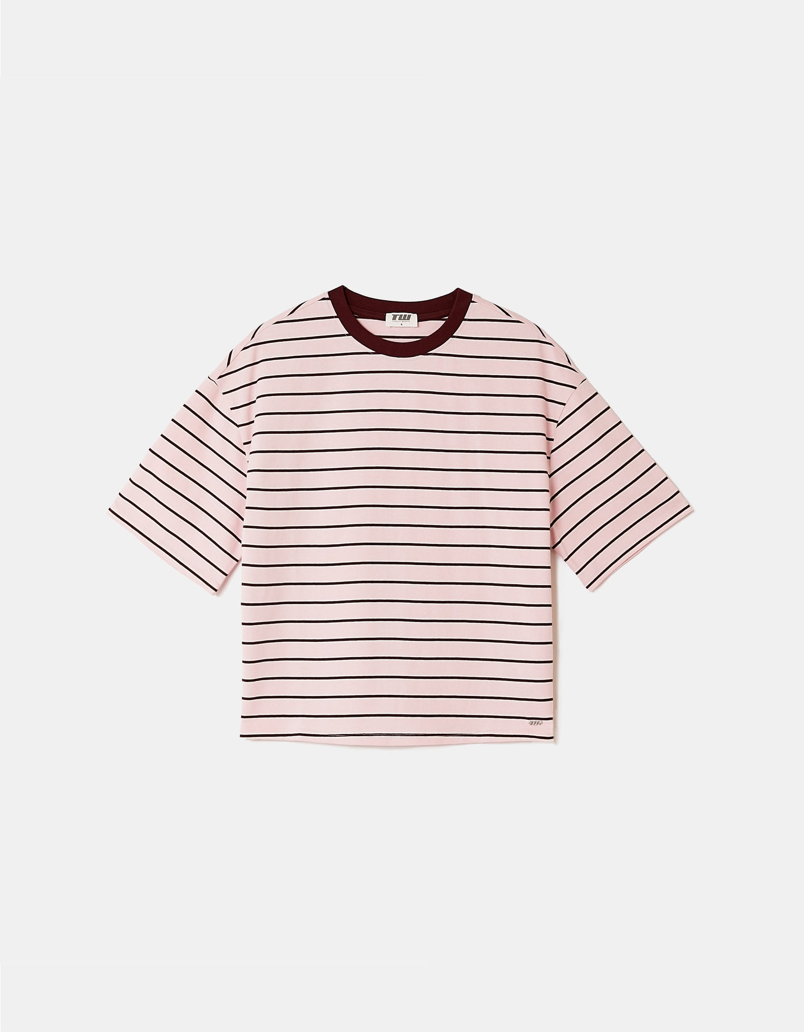Ladies Pink/Burgundy Oversized Stripe T-Shirt-Layed Flat View