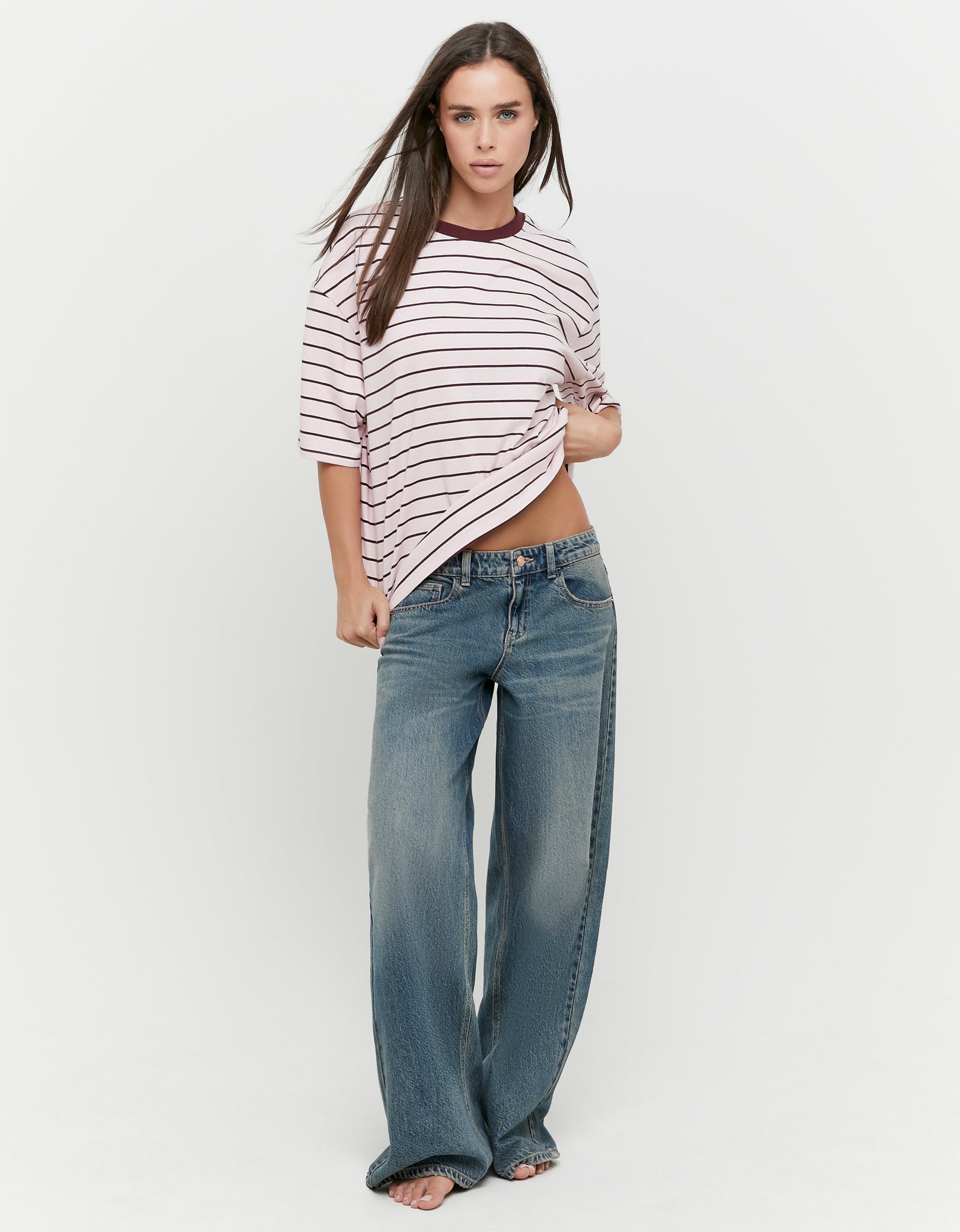 Ladies Pink/Burgundy Oversized Stripe T-Shirt-Model Full Front View