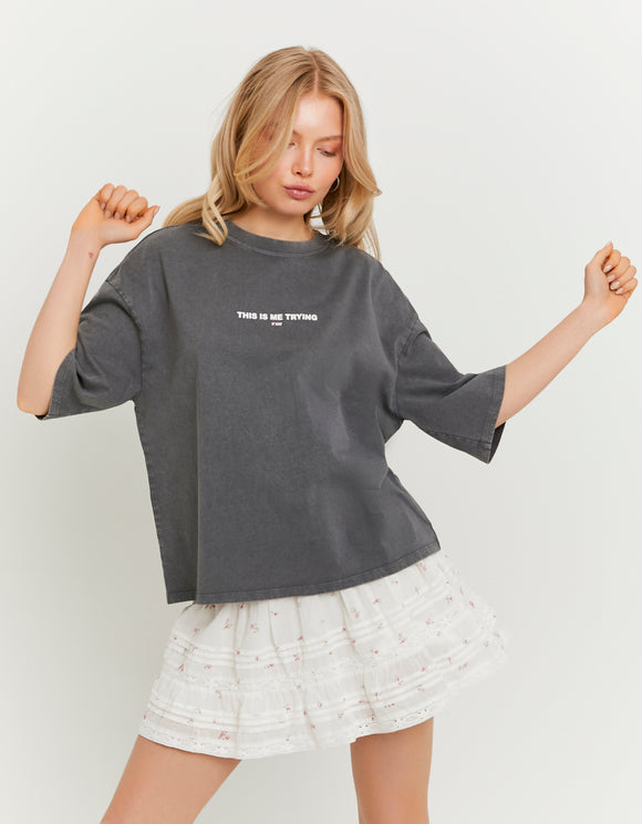 Tally Weijl Grey Oversized Printed T Shirt, front view on model