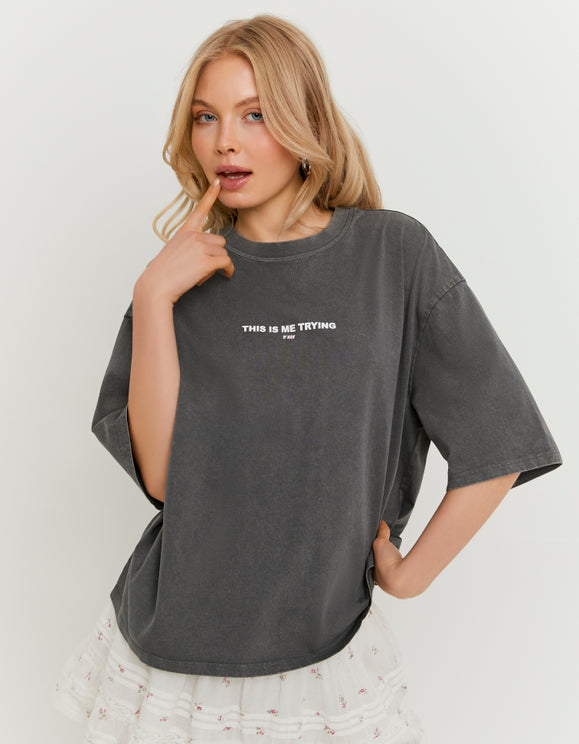 Tally Weijl Grey Oversized Printed T Shirt, close up view on model