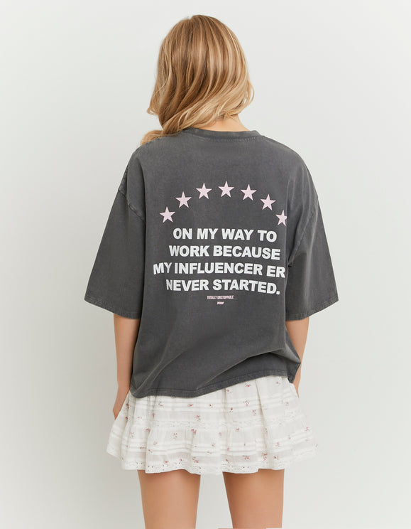 Tally Weijl Grey Oversized Printed T Shirt, back view