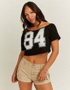 Tally Weijl Off Shoulder Black Cropped Printed T-Shirt BLACK front view