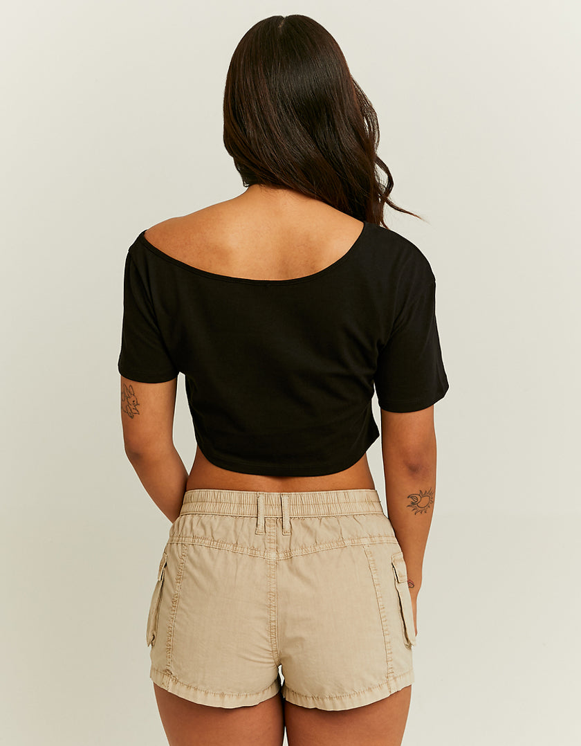 Ladies Off Shoulder Black Cropped Printed T-Shirt-Back View