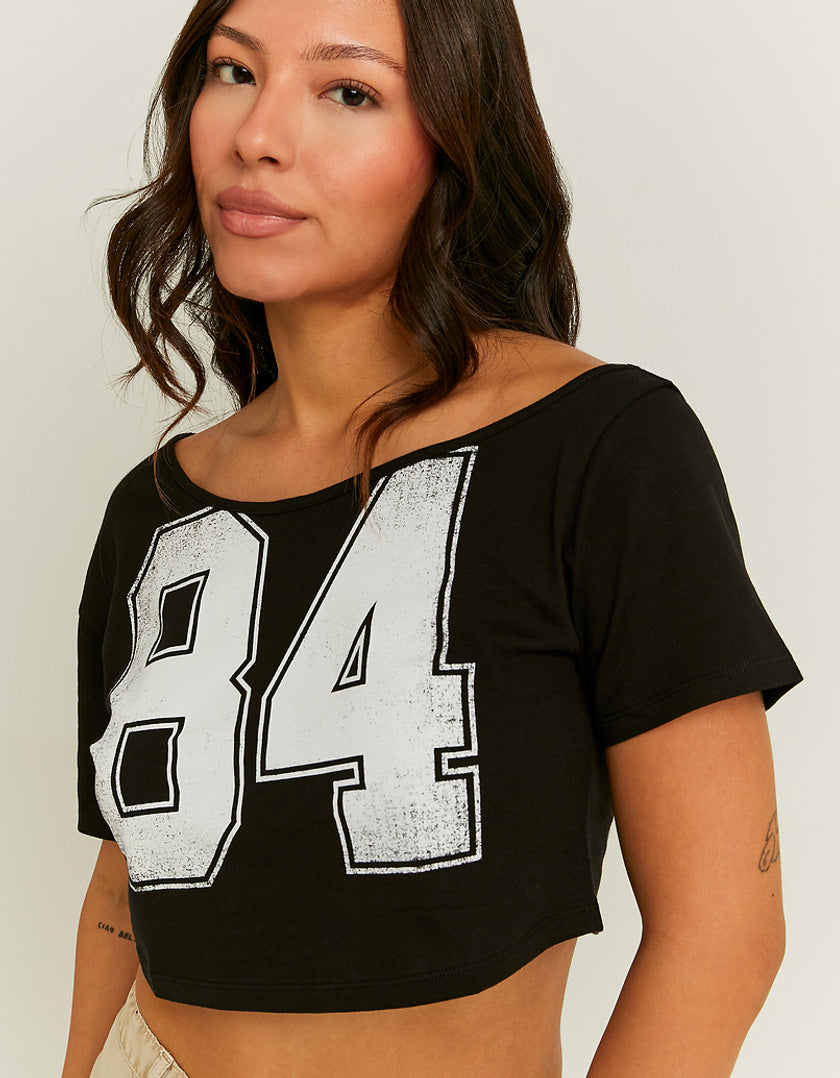 Ladies Off Shoulder Black Cropped Printed T-Shirt-Close Up View