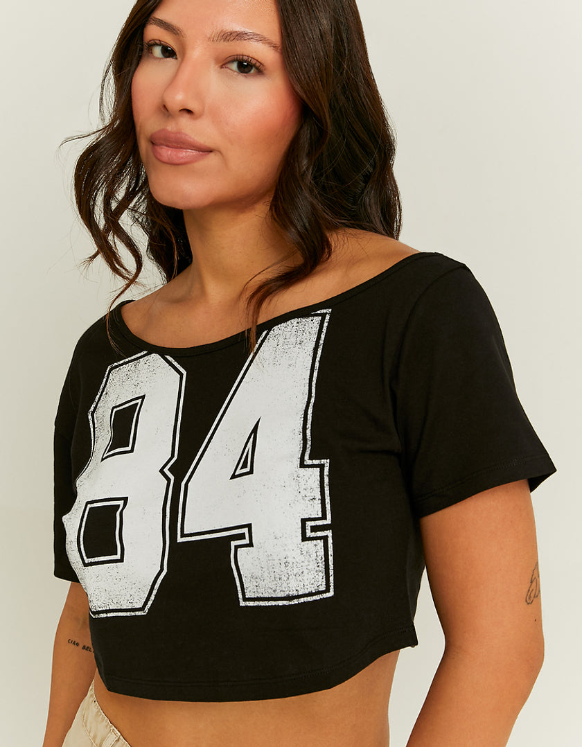 Tally Weijl Off Shoulder Black Cropped Printed T-Shirt BLACK detail view