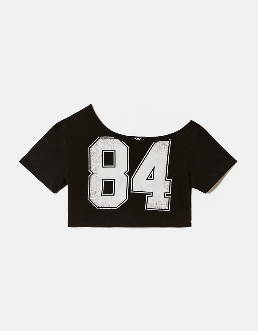 Tally Weijl Off Shoulder Black Cropped Printed T-Shirt BLACK back view