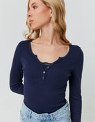 Tally Weijl Blue Long Sleeve T-Shirt with Lace Detail Blue model front view