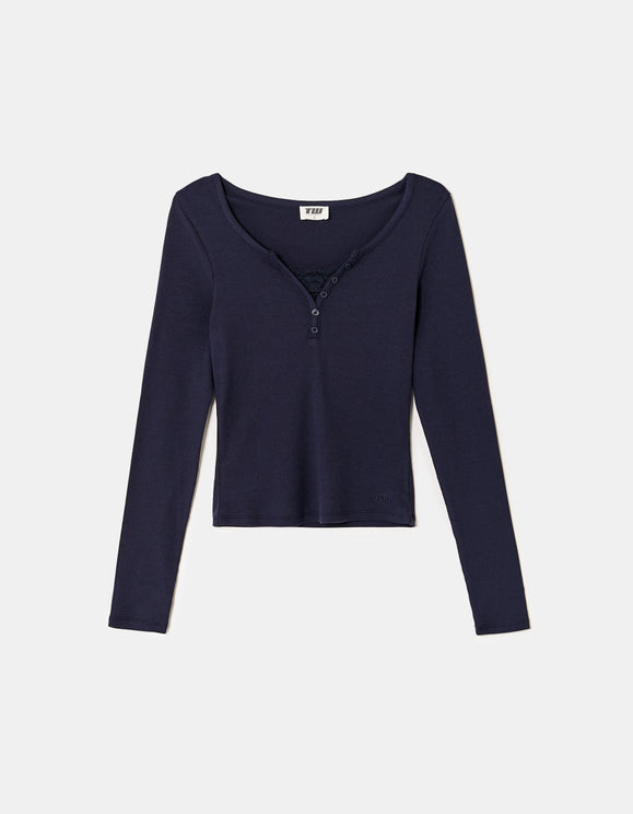 Tally Weijl Blue Long Sleeve T-Shirt with Lace Detail Blue back view
