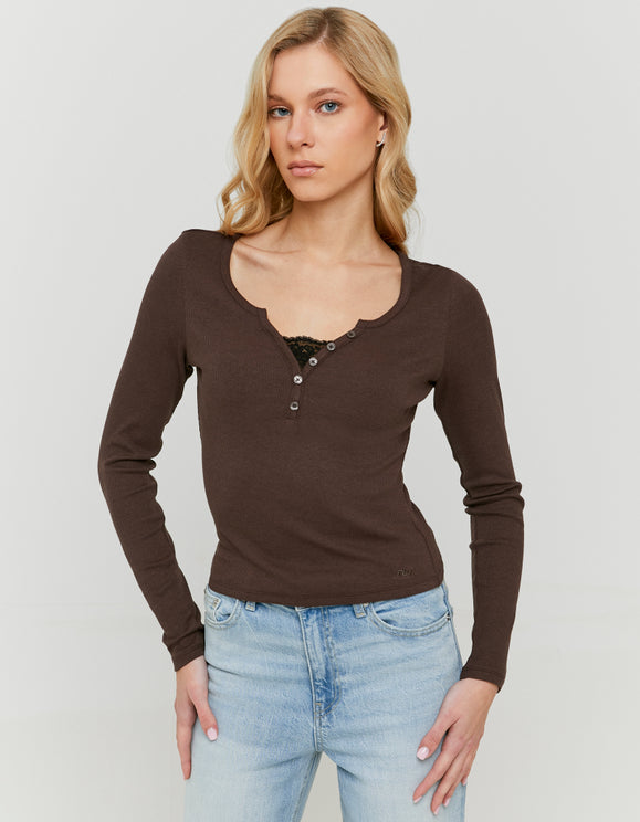 Tally Weijl brown long sleeve T-shirt with lace detail, front view worn by model