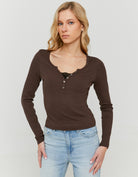 Tally Weijl Brown Long Sleeve T-Shirt with Lace Detail Brown front view