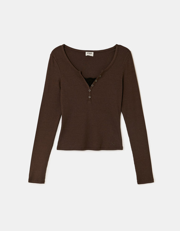 Tally Weijl brown long sleeve T-shirt with lace detail, front view