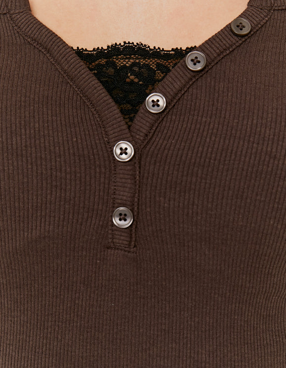 Detail view of Tally Weijl brown ribbed long sleeve T-shirt with lace insert and button placket