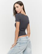 Ladies Grey Ruched V-Neck T-Shirt-Back View