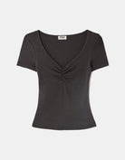 Ladies Grey Ruched V-Neck T-Shirt-Layed Flat View