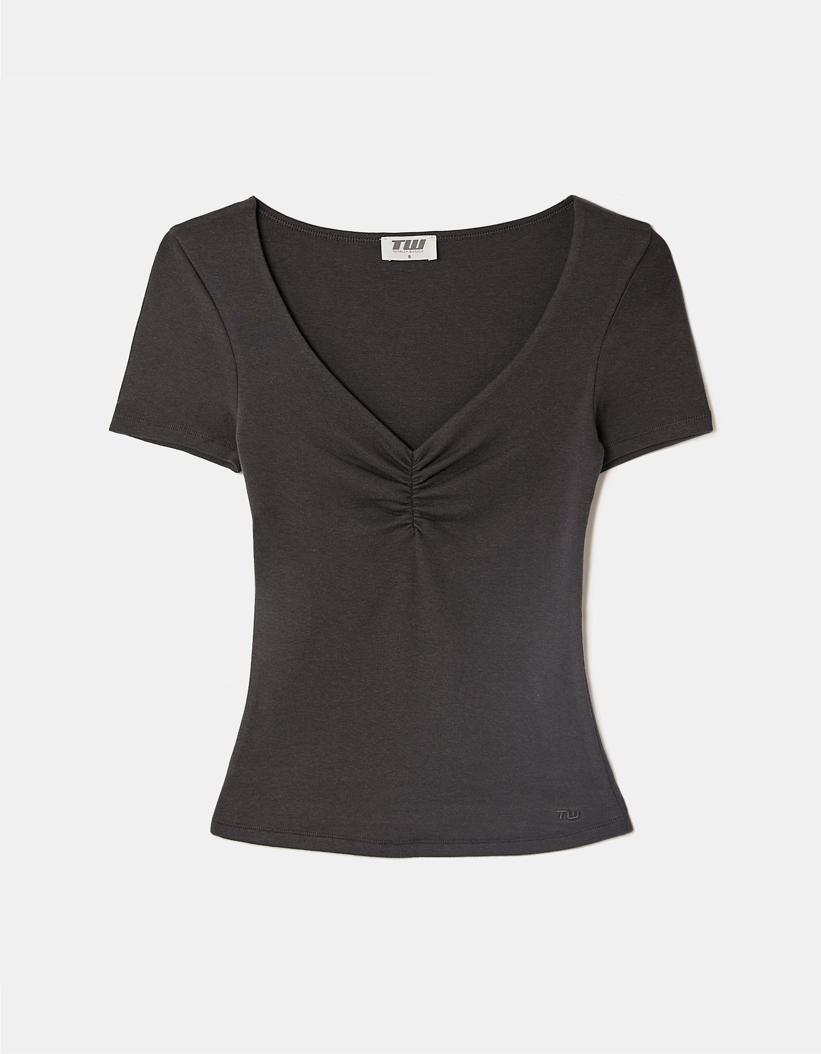 Ladies Grey Ruched V-Neck T-Shirt-Layed Flat View