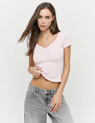 Ladies Pink Ruched V-Neck T-Shirt-Model front View