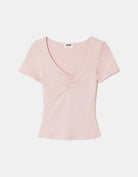 Ladies Pink Ruched V-Neck T-Shirt-Layed Flat View
