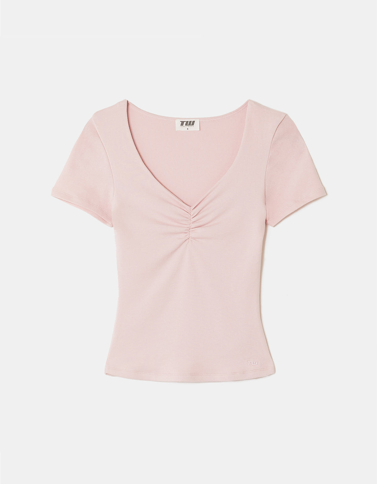 Ladies Pink Ruched V-Neck T-Shirt-Layed Flat View