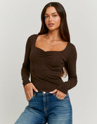 Tally Weijl Brown Scoop Neck Long Sleeve T-Shirt Brown front view