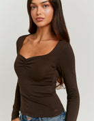 Tally Weijl Brown Scoop Neck Long Sleeve T-Shirt Brown model front view