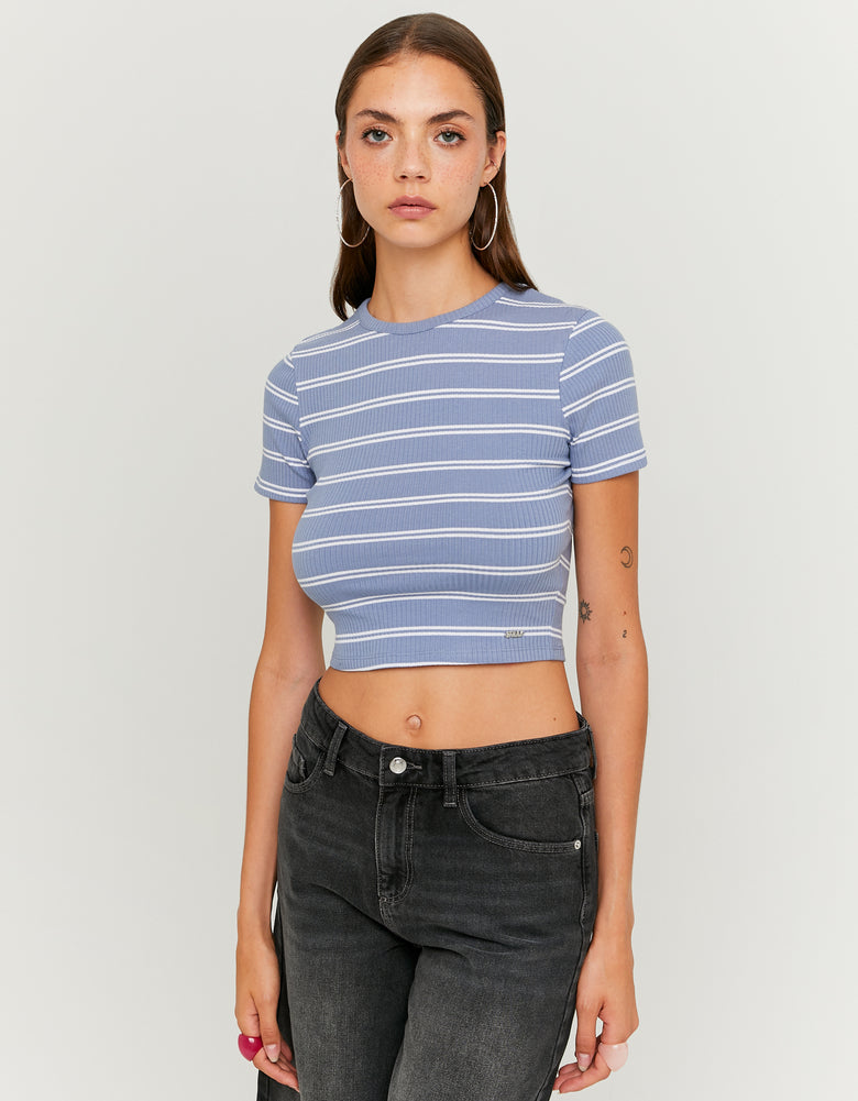Ladies Blue & White Striped Basic T-Shirt-Model Front View