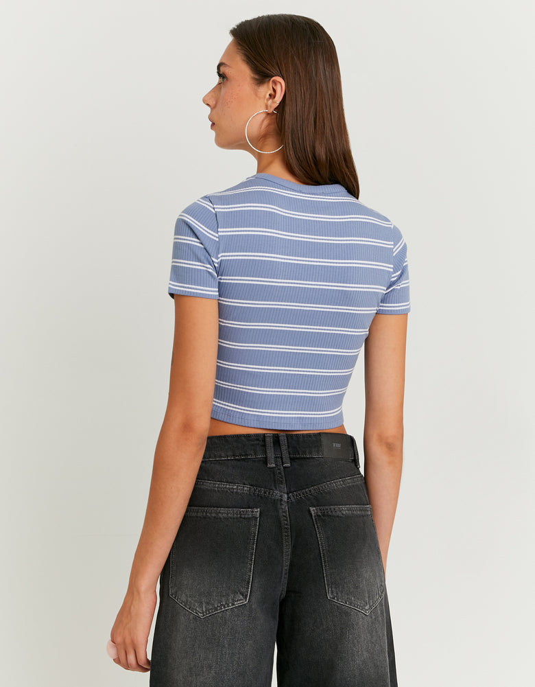 Ladies Blue & White Striped Basic T-Shirt-Model Back View