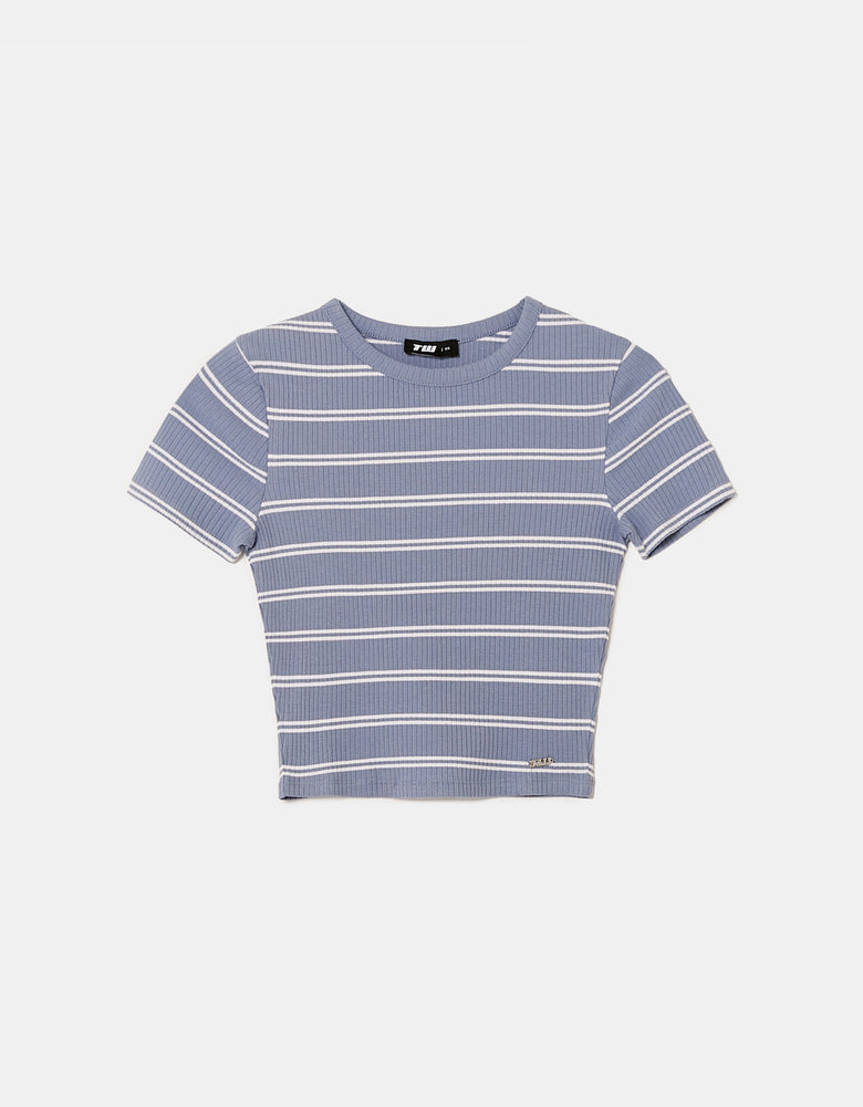 Ladies Blue & White Striped Basic T-Shirt-Ghost Front View