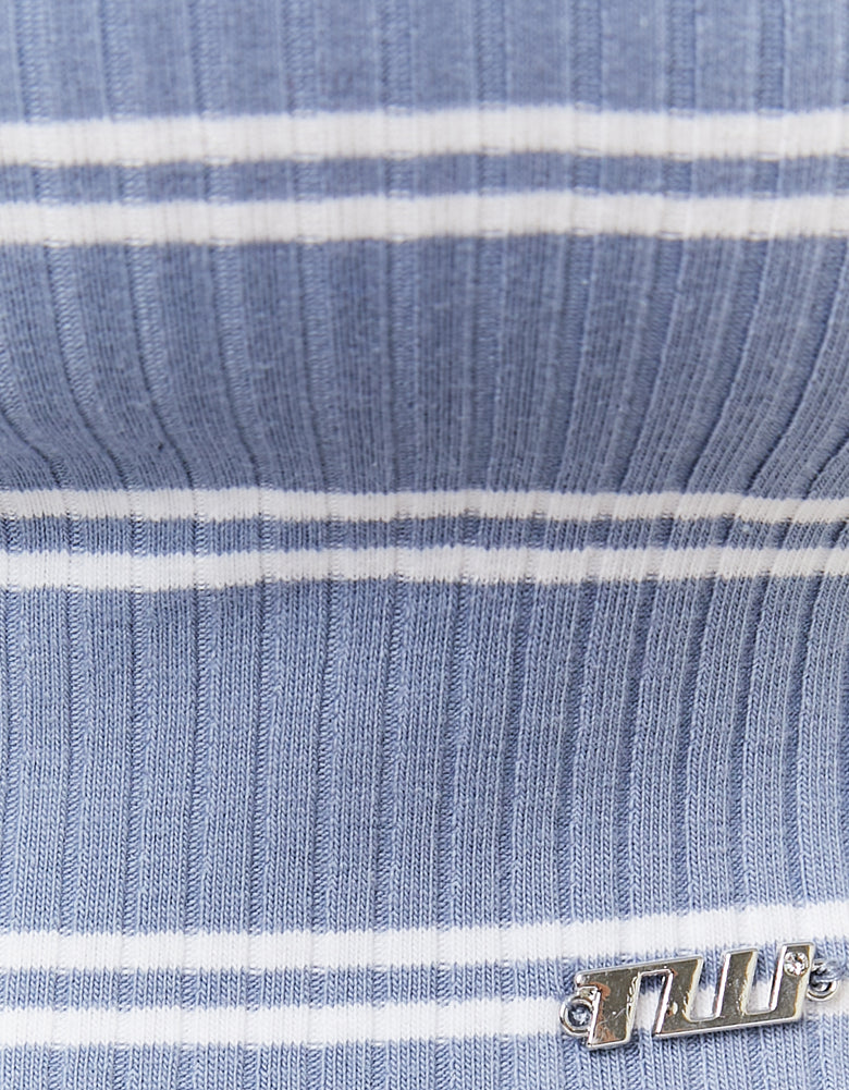 Ladies Blue & White Striped Basic T-Shirt-Close Up View