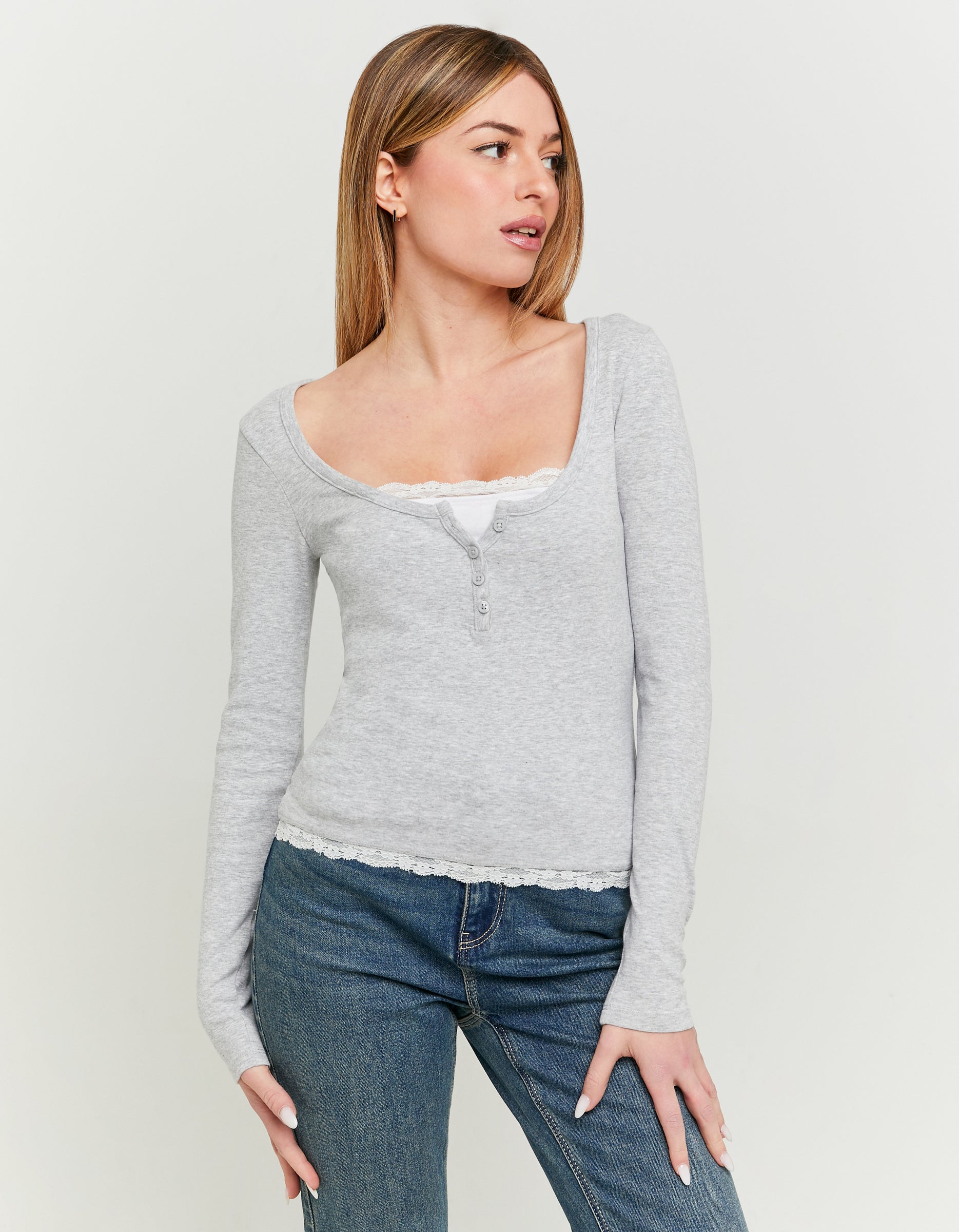 Ladies Basic Grey/White T-Shirt With Lace Trim-Model Front View  2