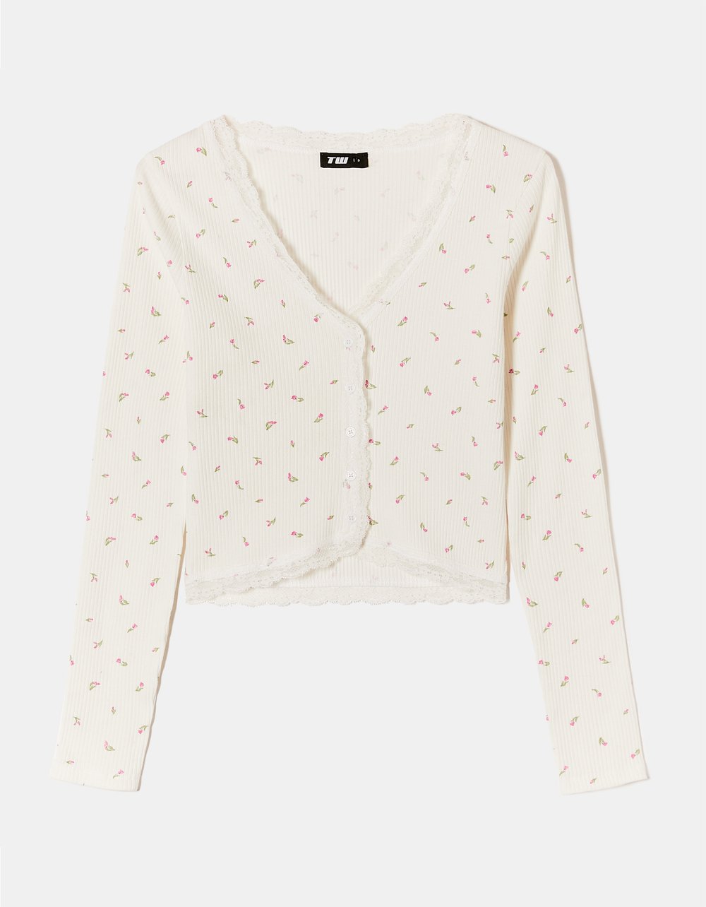 White Basic Cardigan With Lace Details & Floral Print