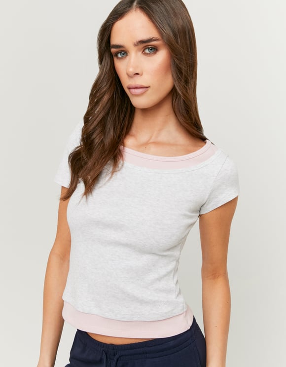 Tally Weijl Grey Basic T shirt, front close-up on model