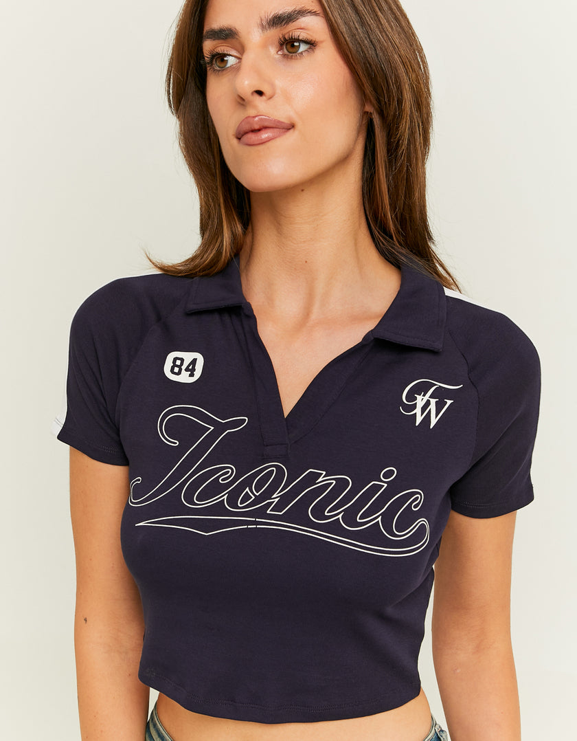 Ladies Dark Blue Printed Polo-Closer View of Front