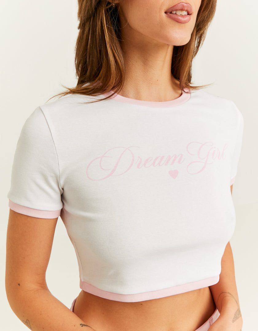 Ladies White Printed Dream Girl Cropped T-Shirt-Closer View of Front