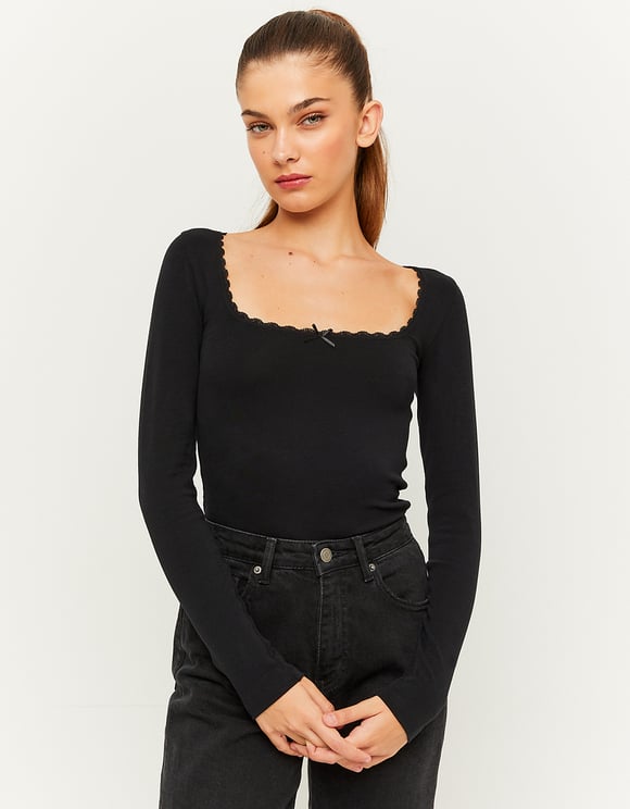 Ladies Black Basic Knit T-Shirt-Model Front View