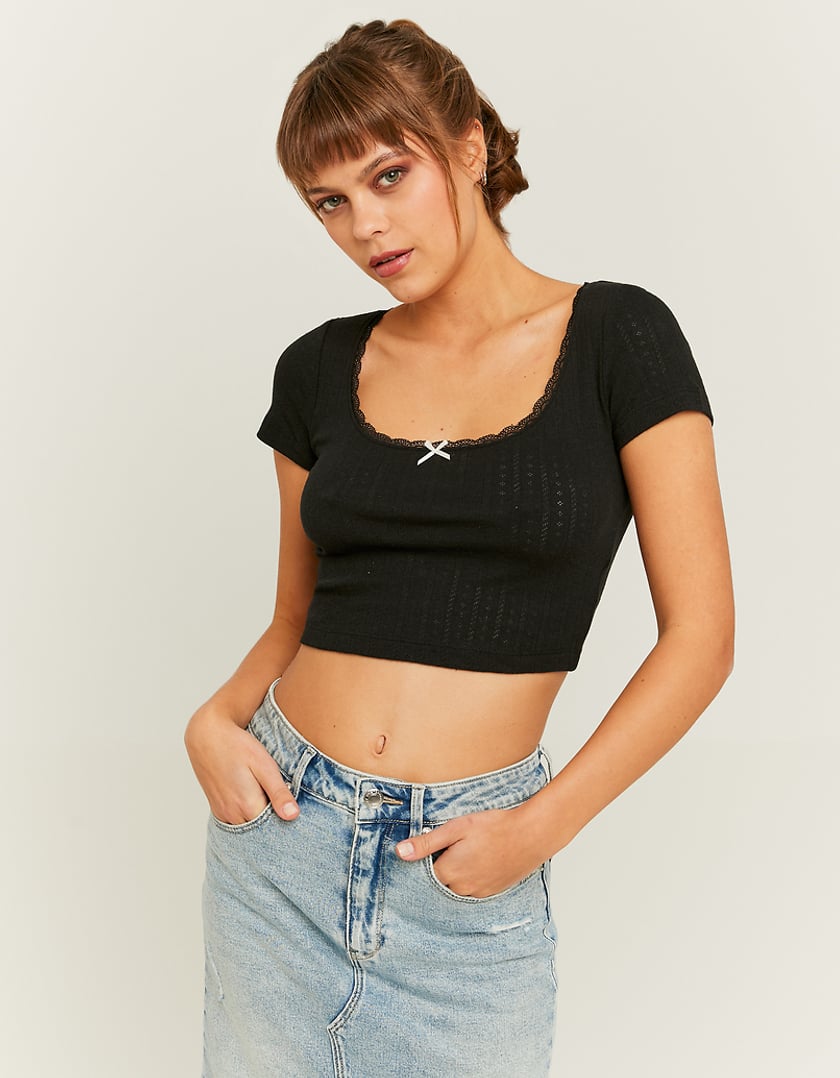 Ladies Cropped Black Basic Pointelle T-Shirt-Model Front View