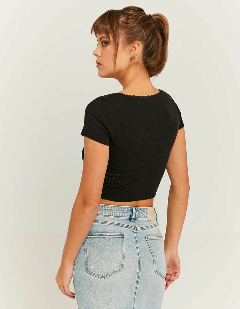 Ladies Cropped Black Basic Pointelle T-Shirt-Model Back View